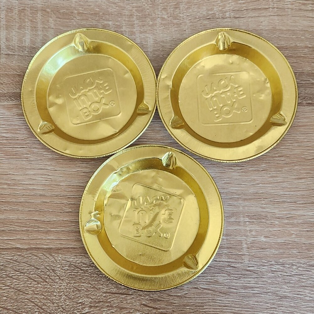 Vintage Jack in the Box Collectible Gold Tin Metal Ashtrays Set of 3